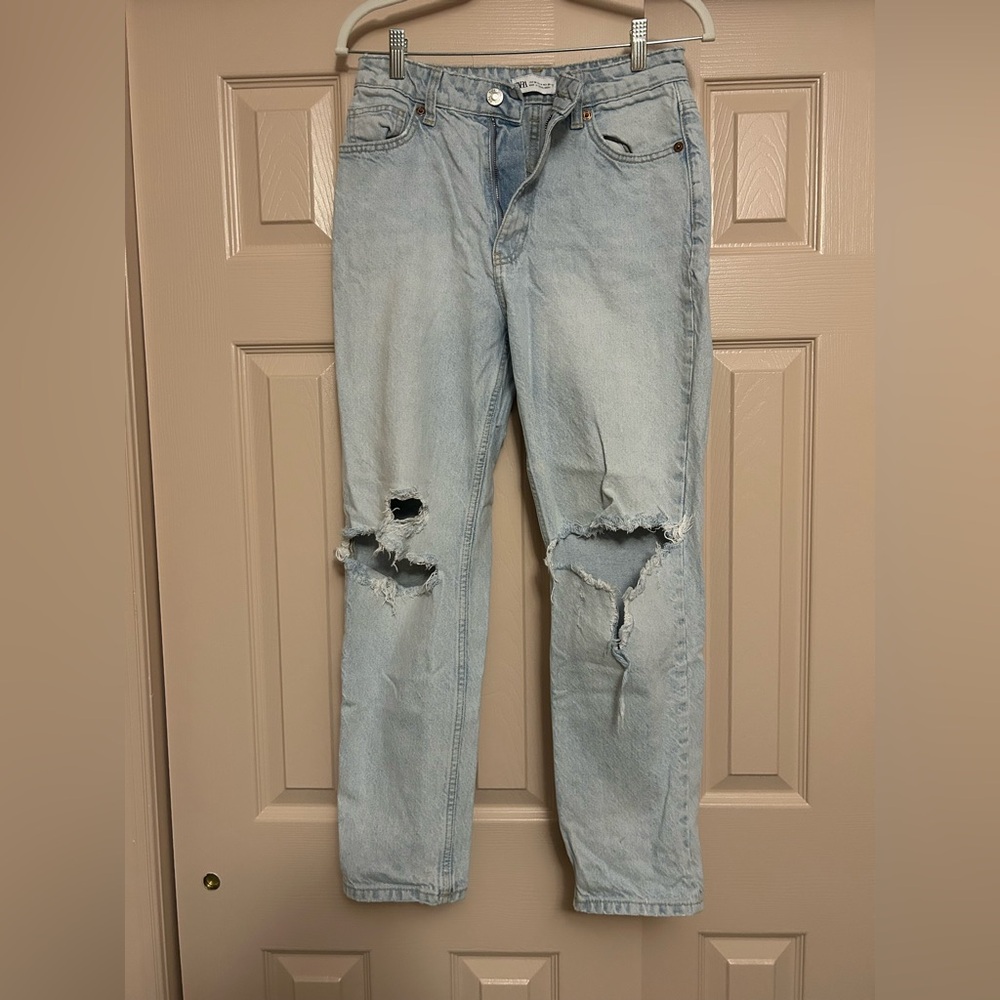 Zara Light Blue Ripped Boyfriend Jeans